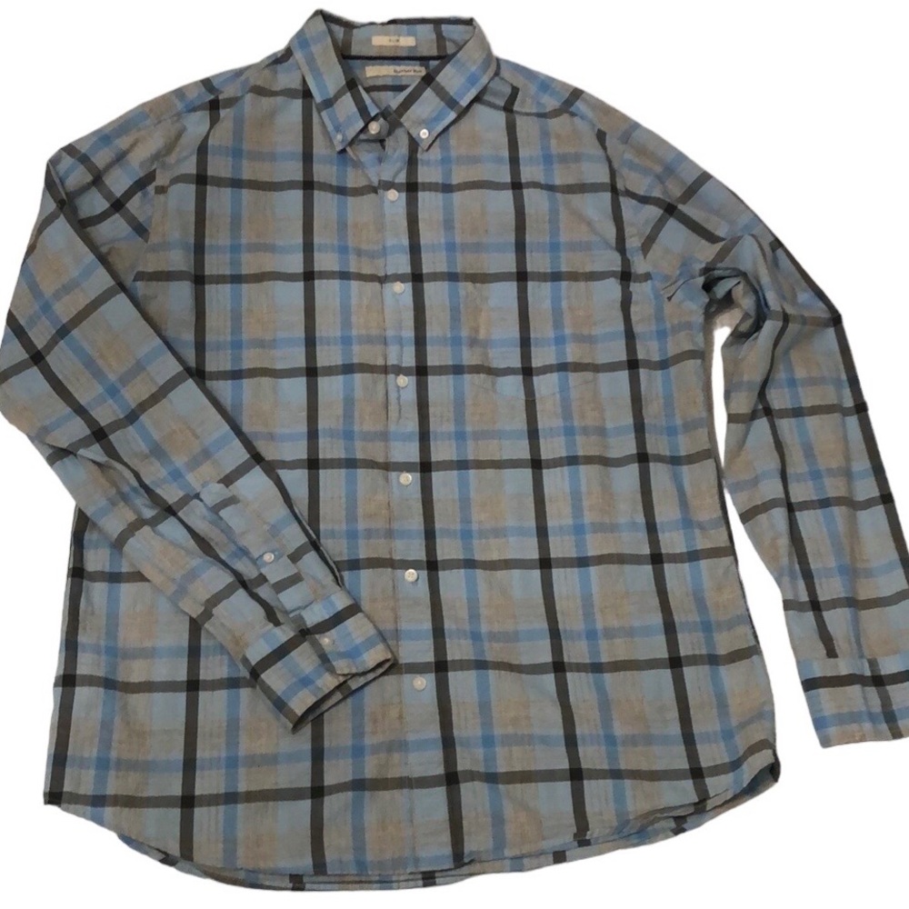 Hawker Rye Men’s Blue & Gray Plaid Long Sleeve Button Down Shirt | XL Slim Fit